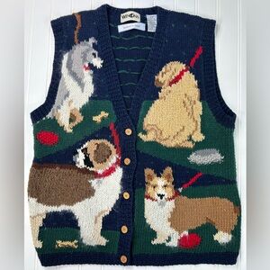 Winona Knits Vest Dog Pattern Knit By Hand Blue Button Cotton Size Medium